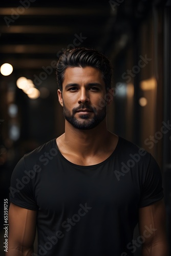 Beautiful gorgeous mid age beautiful model man with black hair. Attractive man close up portrait. Canvas black shirt mockup, at dark background. Design tshirt template, print presentation mock-up.