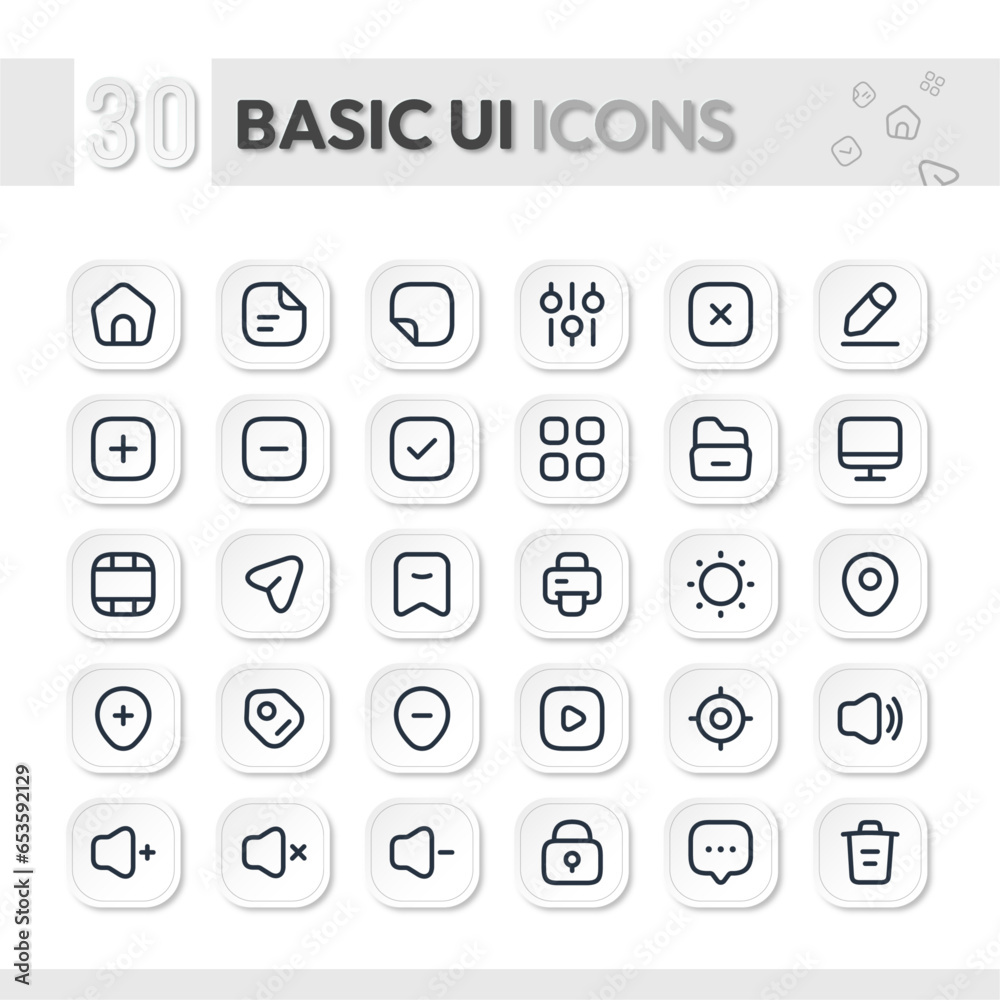 Basic UI icons set- outline-vector illustration. home-setting-location-media-folder.