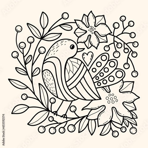 Cute bird with Christmas berries and flowers. Linear hand drawing. Vector illustration. Xmas design. feathered for holiday cards, coloring and decorating.