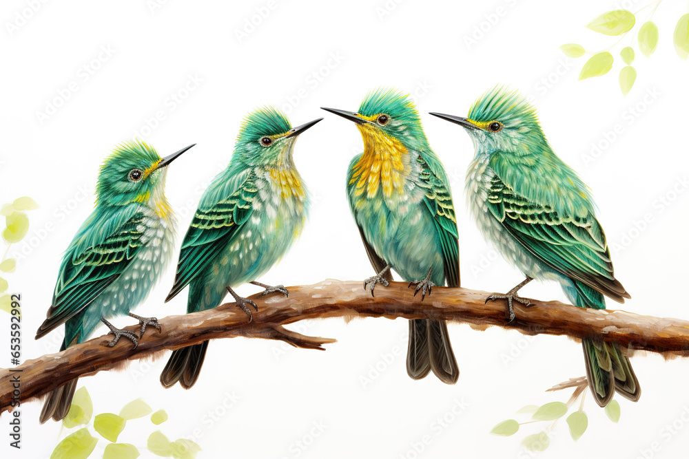Image of group of asian emerald cuckoo on a branch on a white background. Birds. Animals. Illustration, Generative AI.