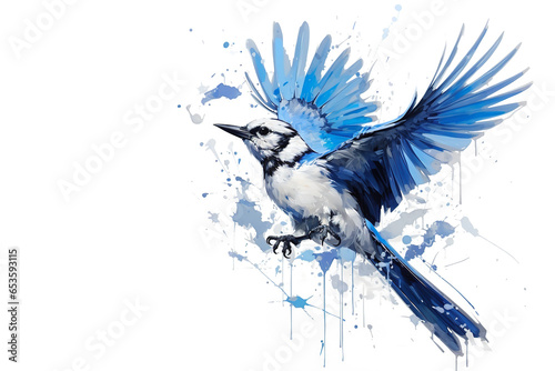 Image of beautiful watercolor painting of blue jay bird flying. Birds, Wildlife Animals, Illustration, Generative AI.
