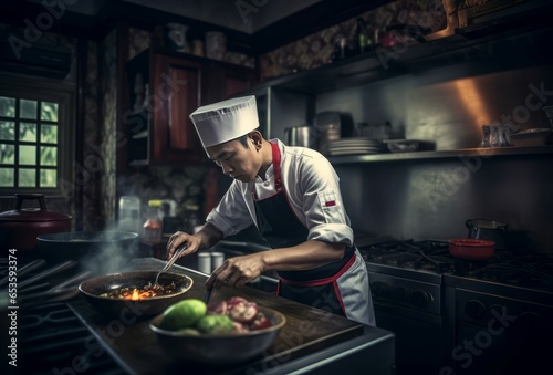 Asian cooking chef kitchen. Cafe job. Generate Ai photo