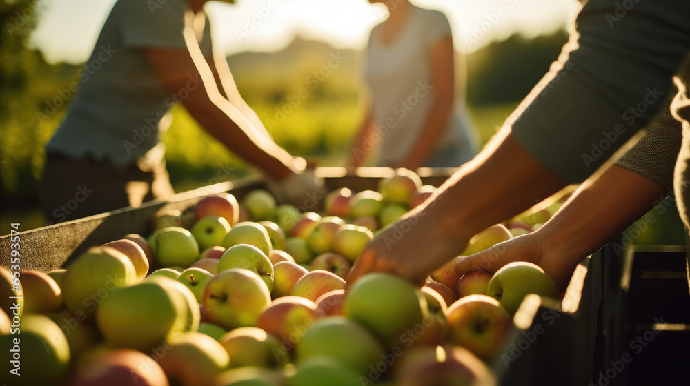Crates of harvested apples, farmer workers freshly picked apples, working on an orchard - obrazy, fototapety, plakaty 