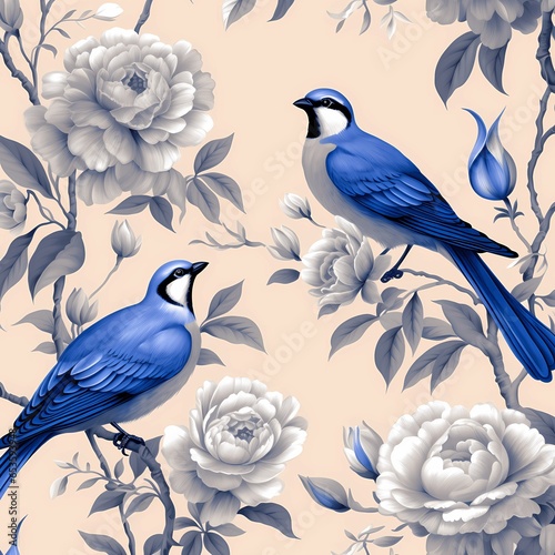 chinoiserie art rose with blue jay bird classic mural painting  © Wipada