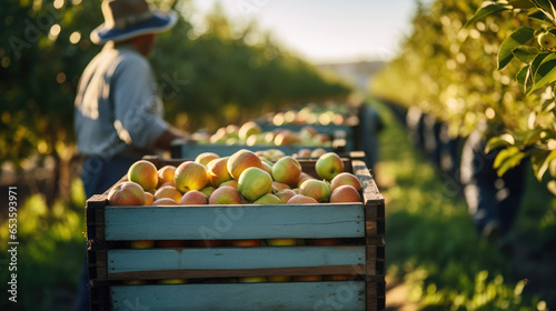 Crates of harvested apples, farmer workers freshly picked apples, working on an orchard