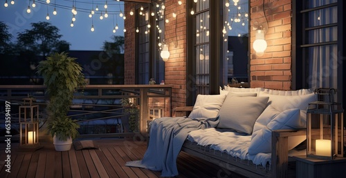 Outdoor balcony with warm lights and lighting created with AI photo