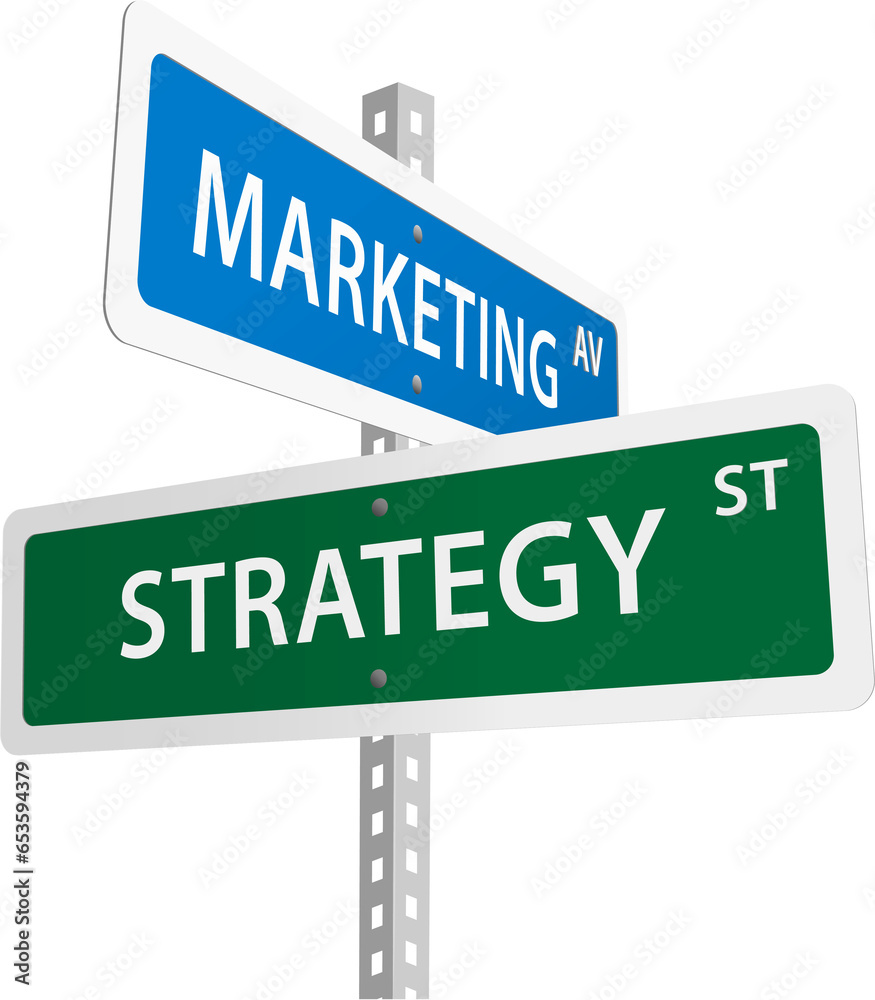 MARKETING STRATEGY blue and green signposts on transparent background MARKETING STRATEGY blue and green signposts on transparent background