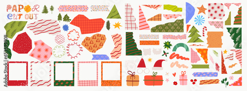 Collection of ripped christmas paper, torn paper, abstract shapes, christmas decoration for creating greeting card, holidays collage. Editable vector illustrtion.