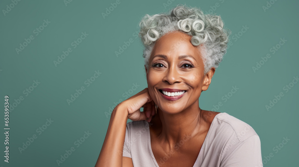 Radiant mature senior model woman with grey hair laughing and smiling for spa and dental Radiant mature senior model woman with grey hair laughing and smiling for spa and dental