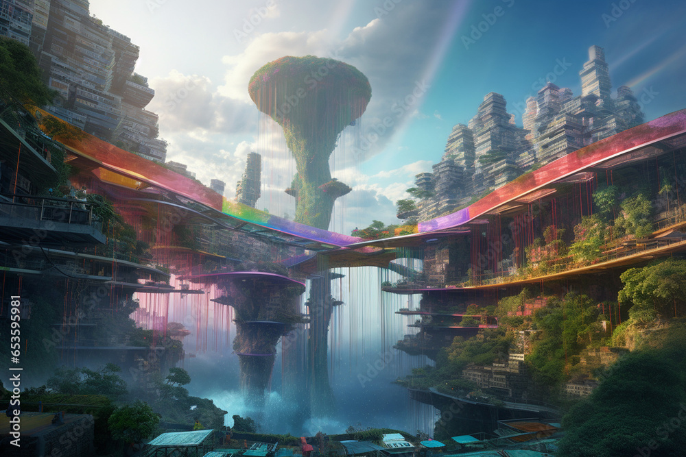 Φωτογραφία Amidst a surreal, floating cityscape, gravity-defying buildings house whimsical creatures who traverse rainbow bridges amidst cascading waterfalls of liquid glass