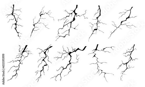 Lightning strike bolt silhouettes vector illustration set. Black thunderbolts and zippers are natural phenomena isolated on a white background. Thunderstorm electric effect of light and shining flash.