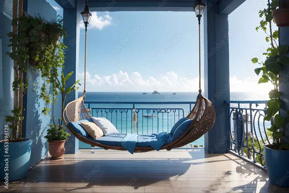 A stunning blue balcony overlooking the ocean, with a cozy amaca swinging in the gentle breeze. - obrazy, fototapety, plakaty 