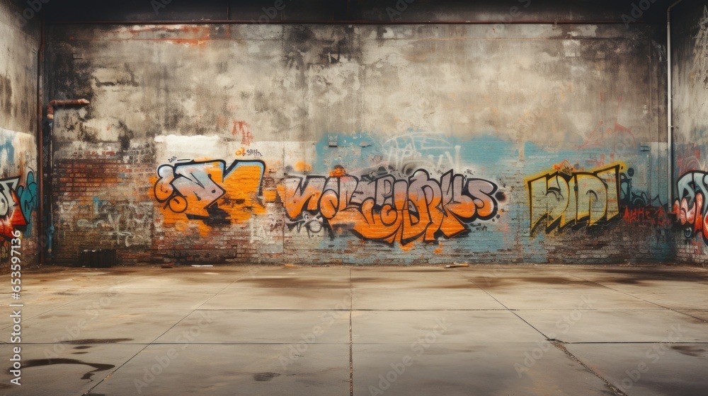 Obraz premium Empty urban courtyard with concrete walls. Interior background with colorful graffiti on grungy front wall