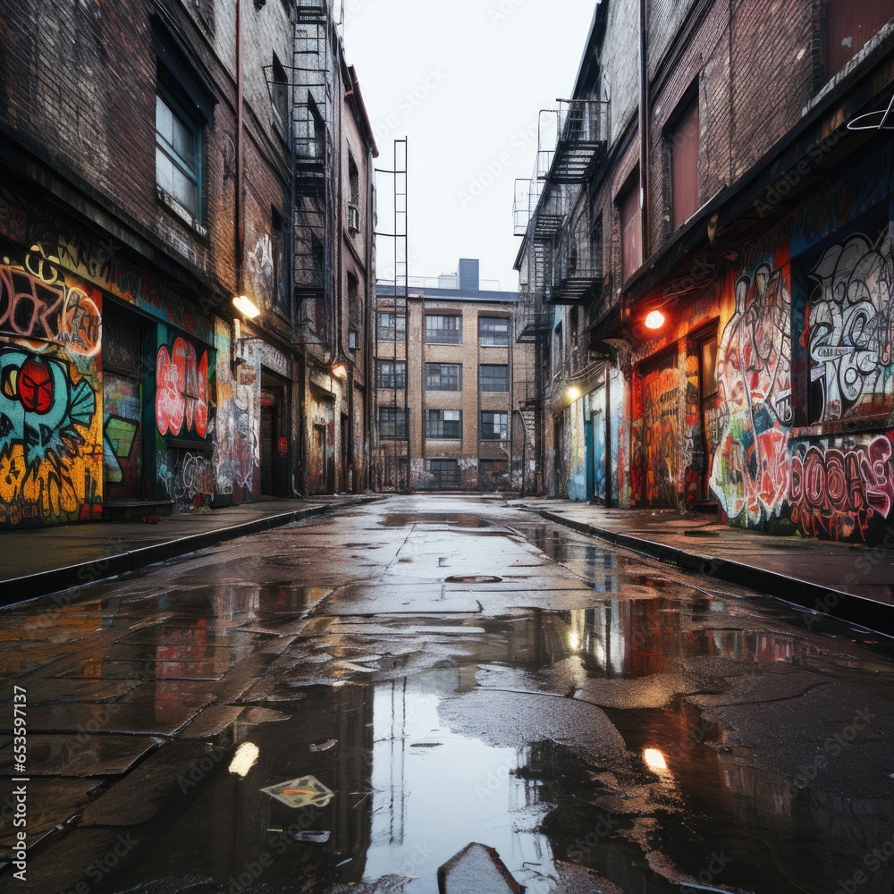 Empty urban street view with colorful abstract graffiti on walls