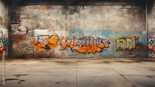Empty urban courtyard with concrete walls. Interior background with colorful graffiti on grungy front wall