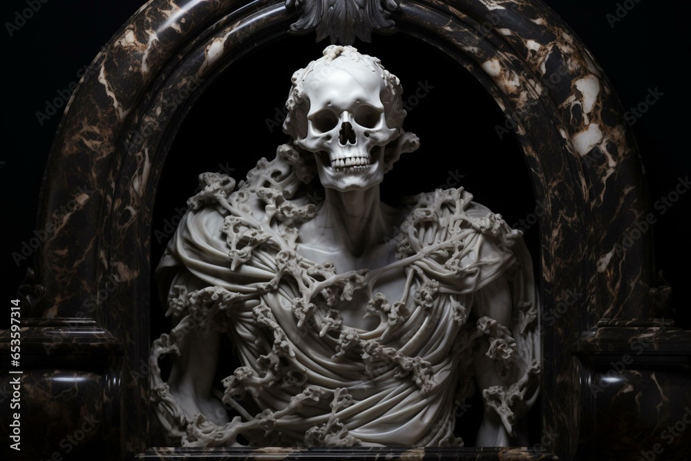 Elegant marble horror statue surrounded by black background, skeleton, skull, and intricate frame. Generative AI