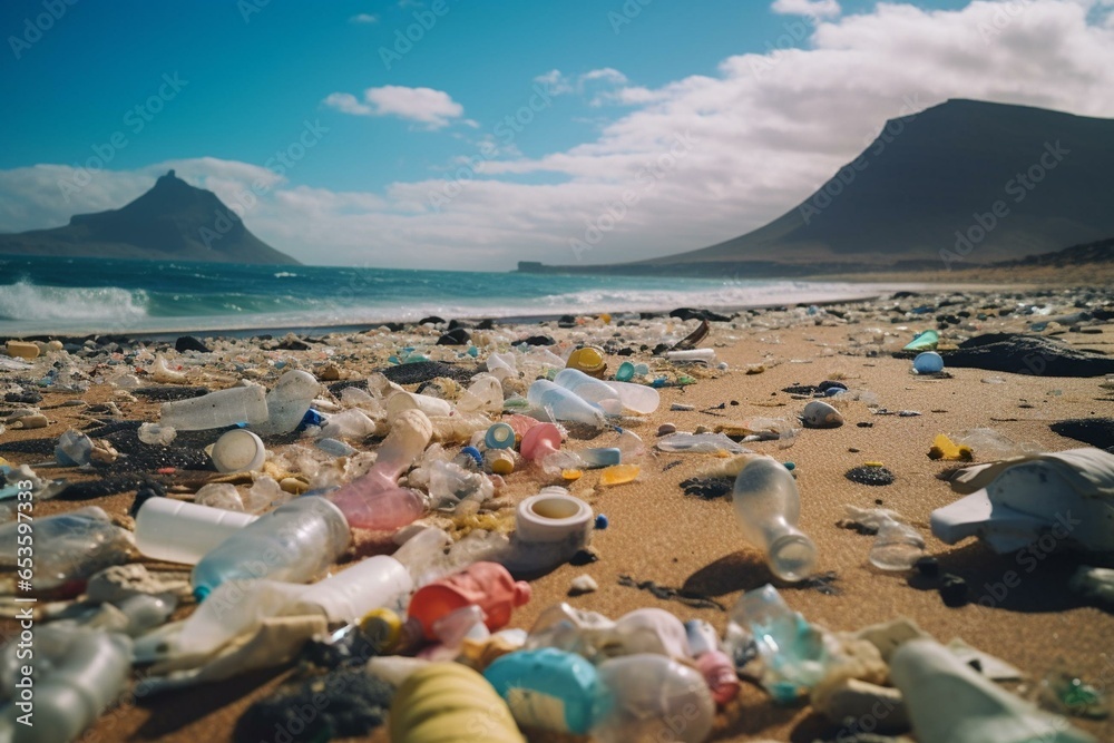 Microplastics on a shoreline. Famara Beach, Lanzarote. Generative AI