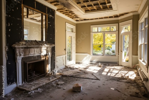 Restoring indoor interior after fire damage by removing damaged paint layer. Generative AI
