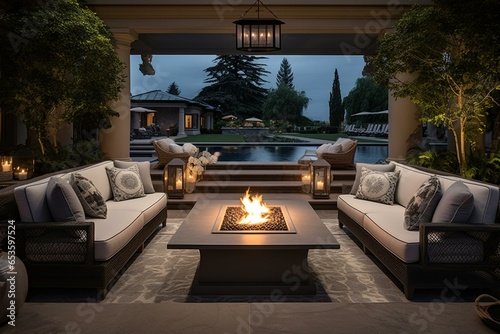 Stylish outdoor lounge area with a beautiful fire pit and elegant furniture on a lavish setting. Generative AI © Quiana