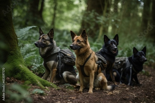 Canine pack in woodland environment. Generative AI