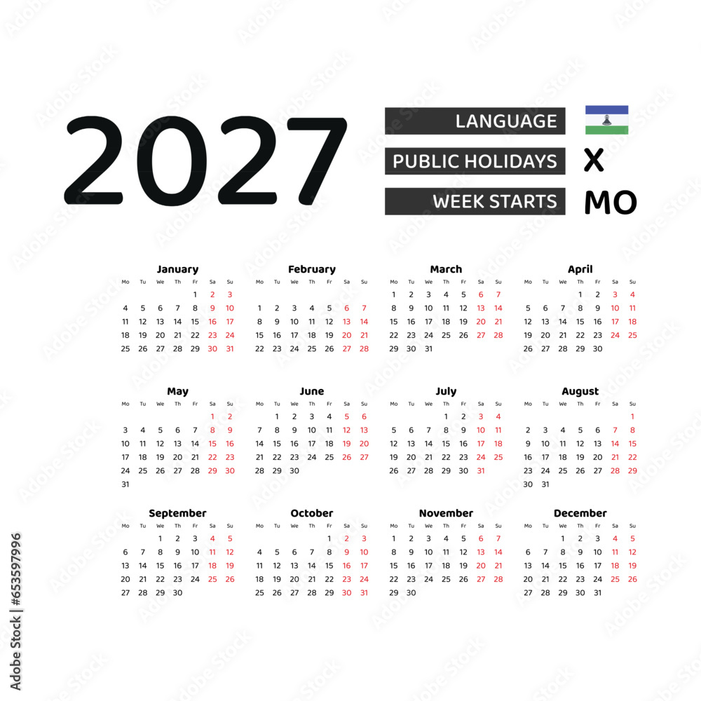 Calendar 2027 English language with Lesotho public holidays. Week starts from Monday. Graphic design vector illustration.