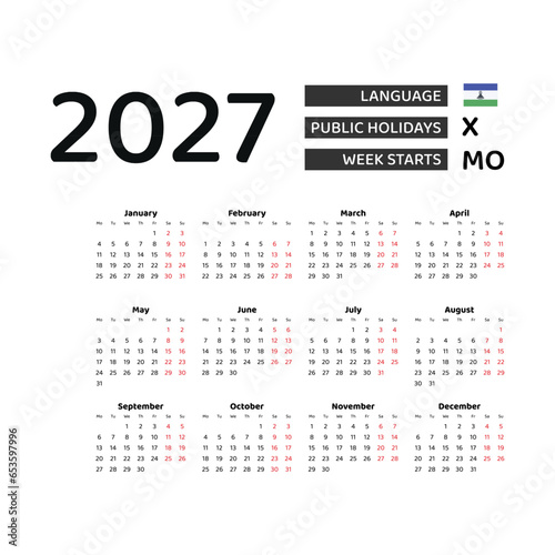 Calendar 2027 English language with Lesotho public holidays. Week starts from Monday. Graphic design vector illustration.