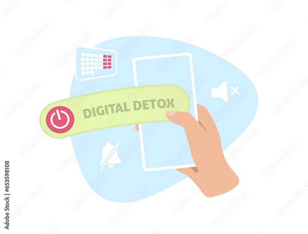 Digital Detox concept. Switch off notification and alarm. Spend time without mobile phones with social networks and messengers and email. Vector illustration isolated on white background with icons