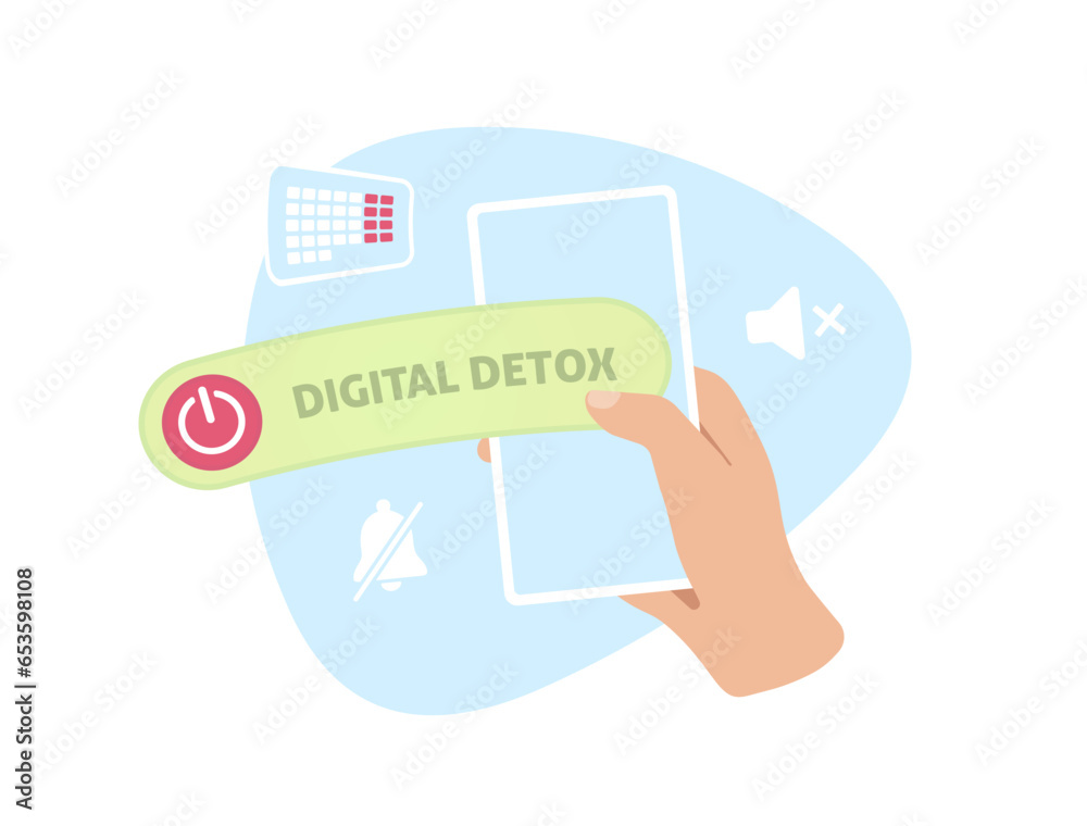 Digital Detox concept. Switch off notification and alarm. Spend time without mobile phones with social networks and messengers and email. Vector illustration isolated on white background with icons Digital Detox concept. Switch off notification and alarm. Spend time without mobile phones with social networks and messengers and email. Vector illustration isolated on white background with icons