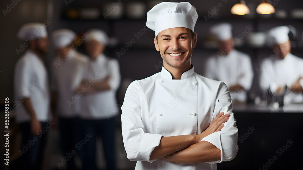 Close-up half standing chef. Copy space left side background. 