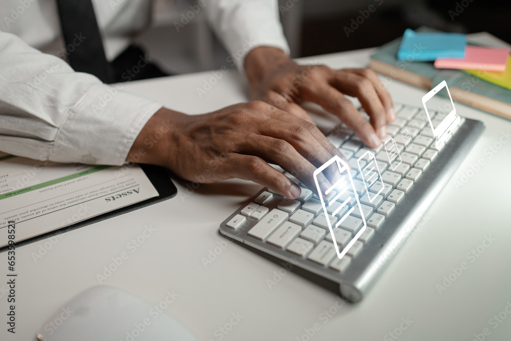 Businessman is transferring digital data through computer systems and servers, uploading data online, storing data in databases. Concepts for transferring digital document data. Businessman is transferring digital data through computer systems and servers, uploading data online, storing data in databases. Concepts for transferring digital document data.