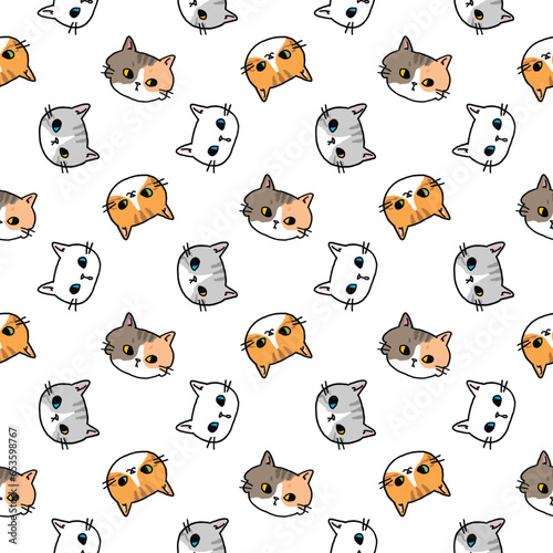 Seamless Pattern of Cartoon Cat Face Design on White Background