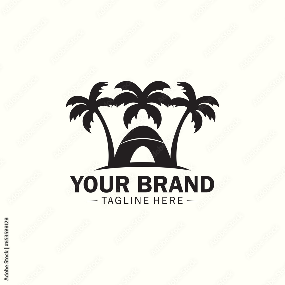 Naklejka premium logo illustration of three coconut trees and a tent