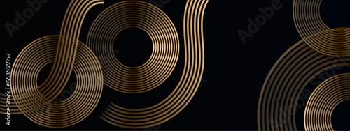 Abstract elegant black background with shiny gold geometric lines. Modern diagonal rounded golden lines pattern. Luxury style. Horizontal banner template. Suit for cover, poster, banner, presentation