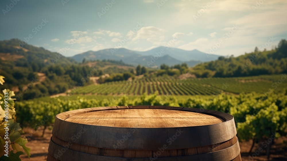 Frontal view of round empty wooden oak barrel with blurred vineyard background for product placement.