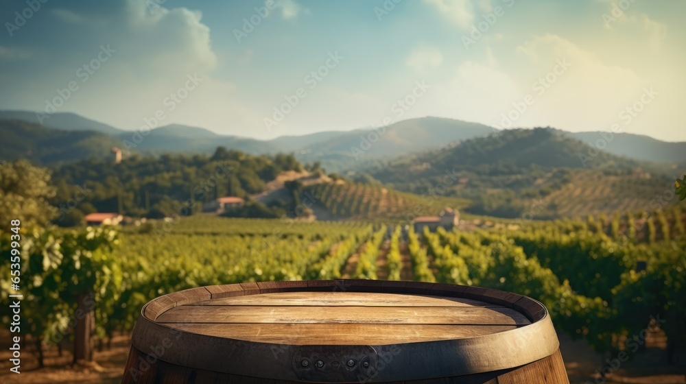 Frontal view of round empty wooden oak barrel with blurred vineyard background for product placement.