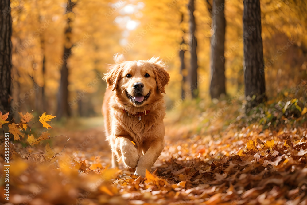 A joyful golden retriever bounds through a vibrant autumn forest, leaves crunching under its paws as it eagerly explores the changing landscape.
