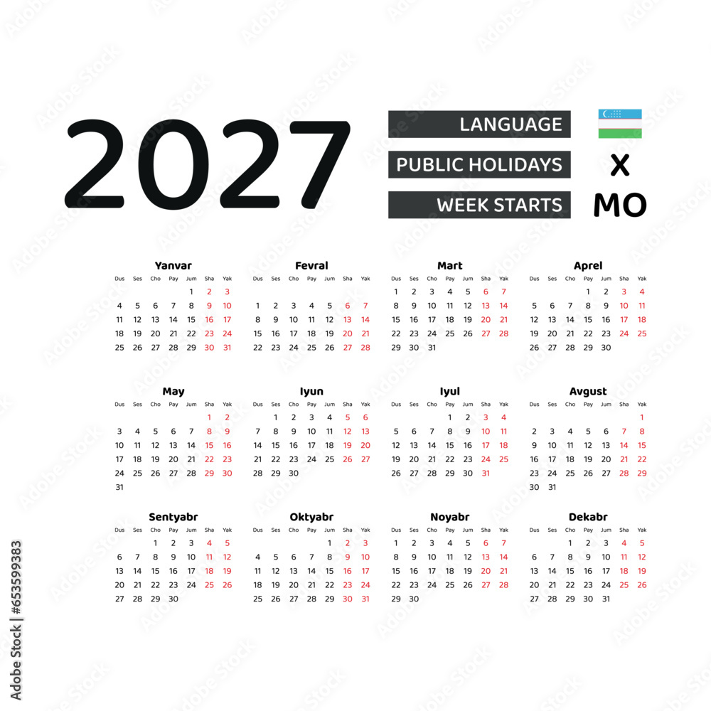 Calendar 2027 Uzbek language with Uzbekistan public holidays. Week starts from Monday. Graphic design vector illustration.