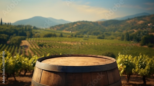 Frontal view of round empty wooden oak barrel with blurred vineyard background for product placement.