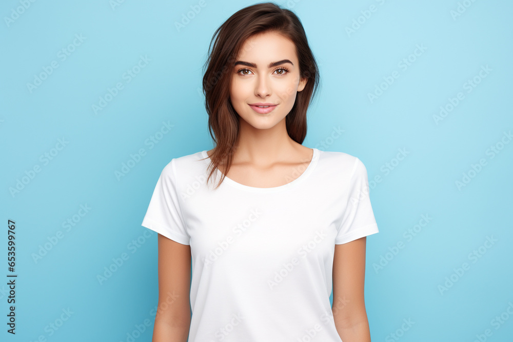 Confident nice smiling woman on color background wall Confident nice smiling woman on color background wall