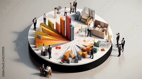 A 3D pie chart surrounded by diverse business professionals discussing data, symbolizing collaborative analysis in a corporate setting