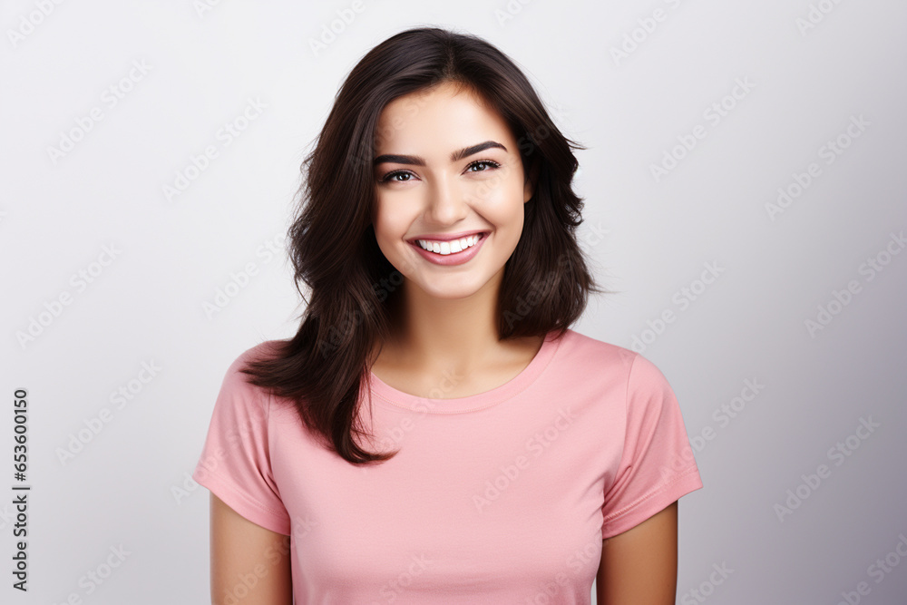woman with pleasant smile, dark hair, dressed in casual pink t-shirt, white background woman with pleasant smile, dark hair, dressed in casual pink t-shirt, white background