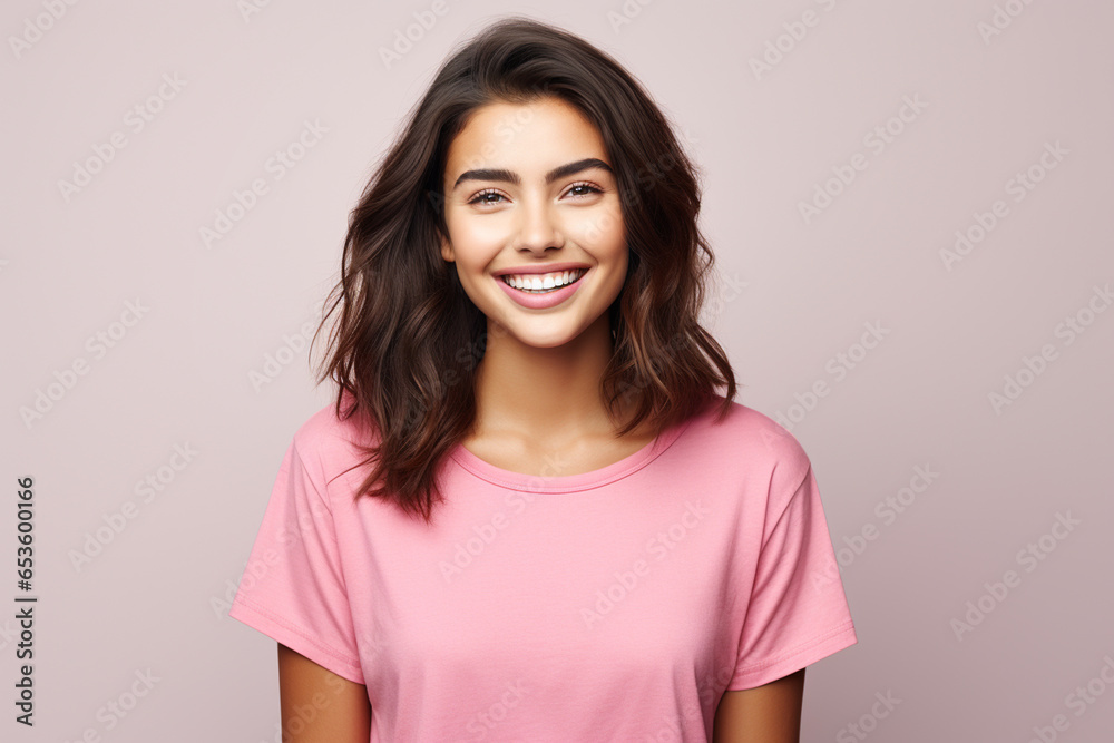 woman with pleasant smile, dark hair, dressed in casual pink t-shirt, white background woman with pleasant smile, dark hair, dressed in casual pink t-shirt, white background