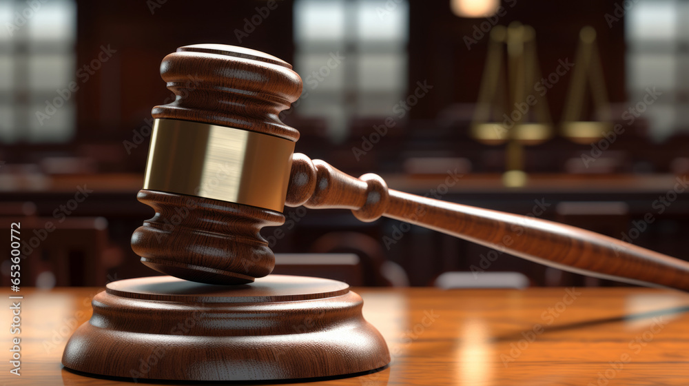 Wooden legal gavel on an office desk or court room, judges gavel for final verdict