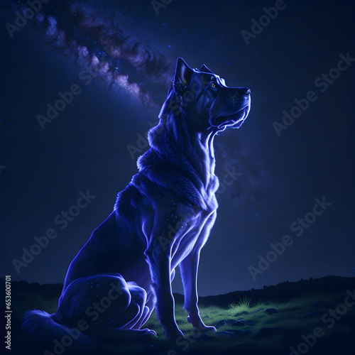 A majestic dog sits on a grassy hill  gazing up at the twinkling stars above. © Naveen