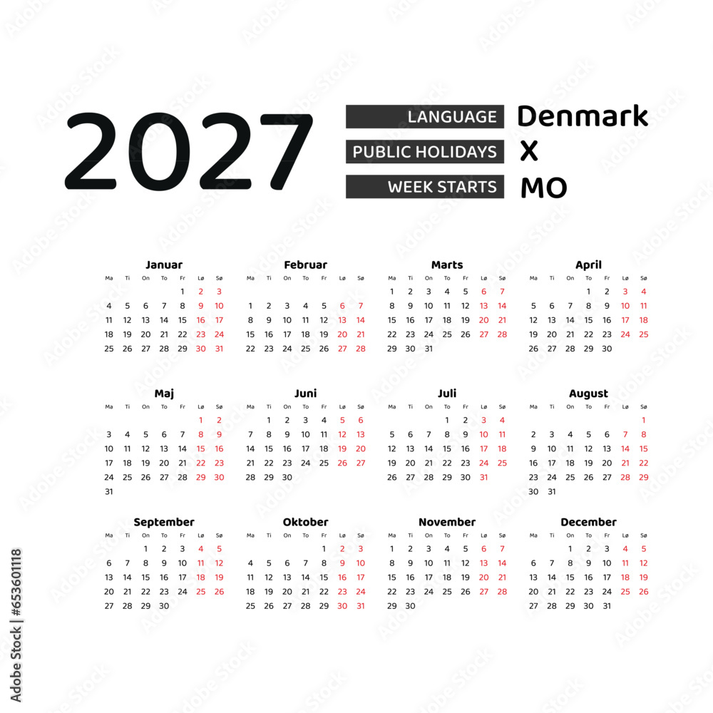 Calendar 2027 Danish language with Denmark public holidays. Week starts from Monday. Graphic design vector illustration.