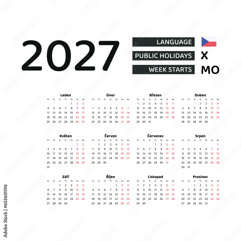 Calendar 2027 Czech language with Czech public holidays. Week starts from Monday. Graphic design vector illustration.