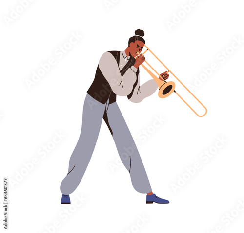 Musician playing trombone. Music player performing jazz, blues with brass wind instrument in hand. Black man with trumpet, solo performance. Flat vector illustration isolated on white background