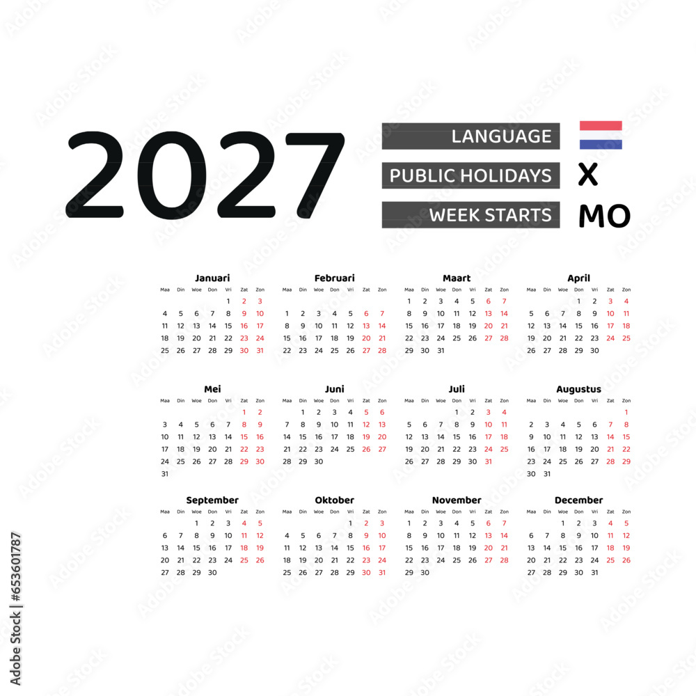 Calendar 2027 Dutch language with Netherlands public holidays. Week starts from Monday. Graphic design vector illustration.