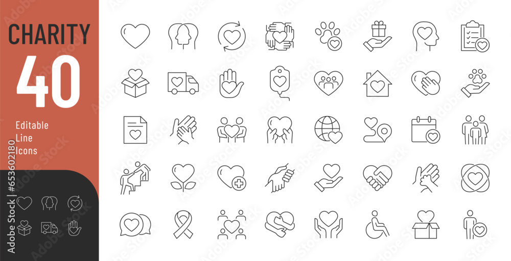 Charity Line Editable Icons set. Vector illustration in modern thin line style of philanthropic icons:   almsgiving, dole, welfare, donation, contribution, humanism, altruism. Isolated on white.
