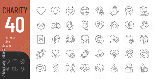 Charity Line Editable Icons set. Vector illustration in modern thin line style of philanthropic icons:   almsgiving, dole, welfare, donation, contribution, humanism, altruism. Isolated on white.